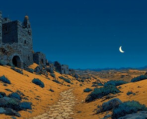 A cinematic animation portrayal of red dunes shimmering beneath the calm night