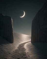 A dreamy animation world where ancient towers glow softly under the rising moon