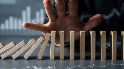 Financial crisis concept with hand stopping falling dominoes, representing economic recession protection, bankruptcy prevention, and strategic stability
