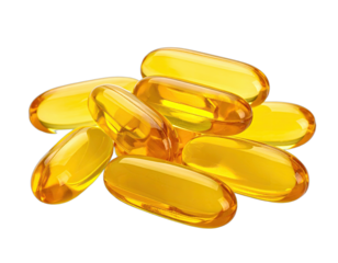 A cluster of transparent, golden-yellow capsules, likely supplements, on a stark black background
