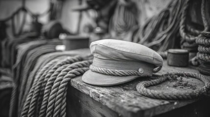 Monochrome shot of a captain's hat and rope, in a vintage nautical setting