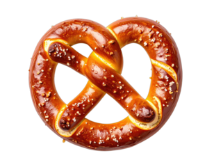 Close-up of a perfectly formed, golden-brown pretzel with coarse salt crystals