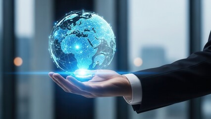 Closeup Businessman Hand holding virtual globe with network lines, representing international business expansion, globalization, and cross-border connectivity