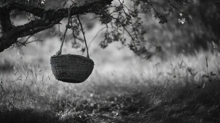 Woven basket hangs from a weathered tree branch in monochrome against a soft background