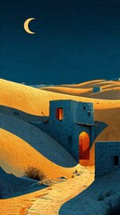 A painterly animation fantasy of endless dunes leading to a lone arch under the crescent