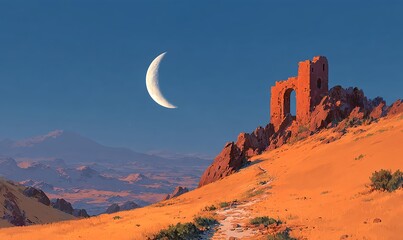 A mysterious animation desert scene painted in warm twilight tones and deep shadows