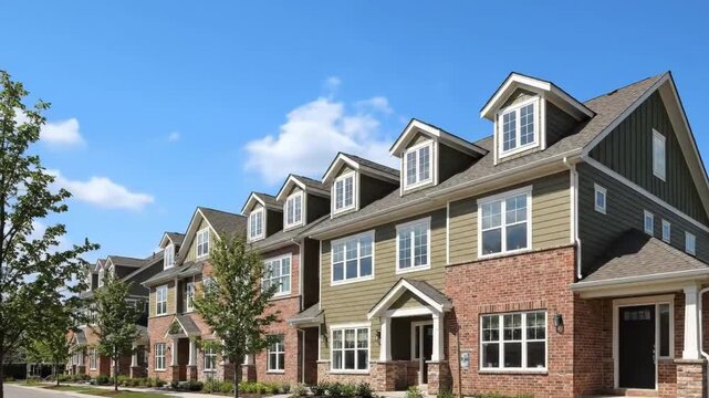 Row of townhouses with brick facade and green siding under blue sky with white clouds. Trees and green yard in daylight in urban landscape.