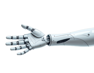 A robotic arm with a hand in a pointing gesture. It's rendered in white, with a sleek, futuristic design