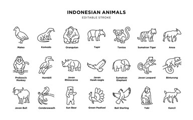 Illustrations of Indonesian animals with editable stroke