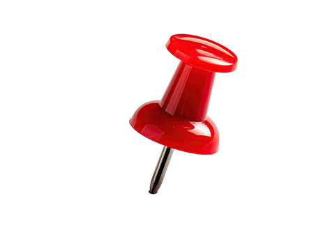 Close-up of a bright red pushpin with a silver needle against a stark black background