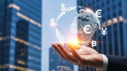 Global currency exchange concept, Closeup Businessman Hand holding virtual earth with dollar, euro, and yen signs, representing international finance, forex trading, and global economy