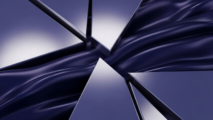 An abstract illustration featuring smooth, glossy blue ribbon-like shapes intertwined and flowing together. A modern futuristic digital design with an elegant technological aesthetic.