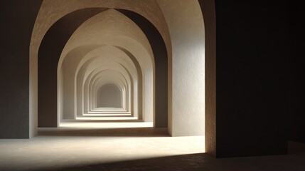 Interior perspective showcasing repeating archways creating a long, illuminated hallway. Light and shadow create a depth