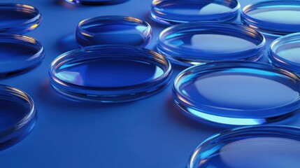 Close-up of various clear, reflective, circular, glass-like objects, set against a blue surface
