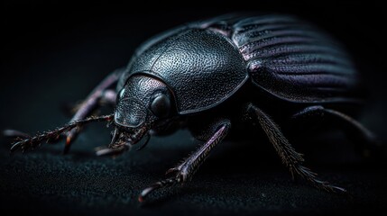 Close-up shot of a dark iridescent beetle, showcasing intricate details