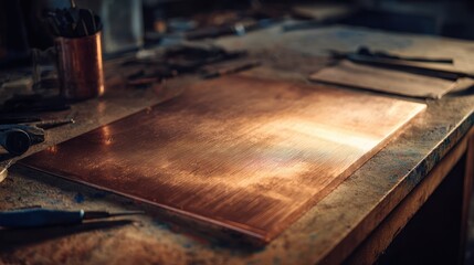 Gleaming copper sheet sits on a worn, cluttered workbench with tools nearby