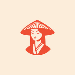 Minimalist vector illustration of traditional Asian woman wearing conical hat and kimono style clothing, calm elegant portrait in flat red color