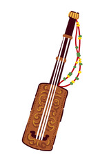 Moroccan guembri traditional string instrument with carved wooden body, long neck and decorative beads. Gnawa music symbol in cartoon doodle style, travel culture element, vector illustration.