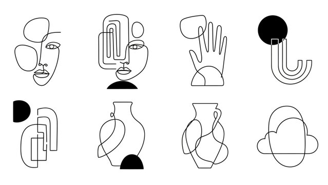 Abstract continuous line art with faces, hands, and vases in a modern style.