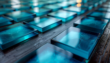 Close-up view of a grid of translucent blue-green square tiles reflecting light on a dark textured surface.