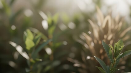 Fototapeta premium Sunlit green leaves and blurred garden fronds in a peaceful outdoor setting.