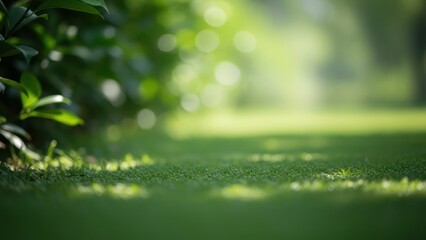 Sunlit grassy park with lush trees and a soft bokeh background.