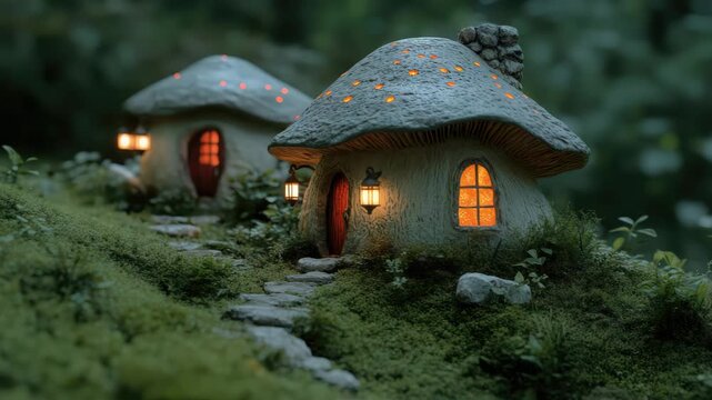 Charming Mushroom Houses with Warm Lights in a Whimsical Woodland at Night