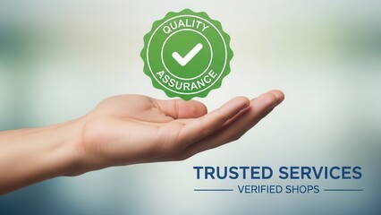 Certified business concept with quality assurance icon top of service in hand, representing trusted services and verified shops. Ideal for e-commerce, brand trust, or digital marketing visuals