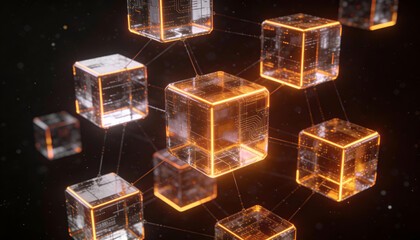 Illuminated translucent cubes interconnected by glowing orange lines float in a dark abstract digital space representing technological networks high quality professional