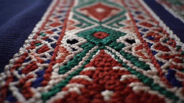 Macro sliding shot of an embroidered Ramadan table runner, revealing intricate weave and traditional geometric patterns.