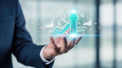 Closeup Businessman Hand holding virtual glowing arrow up icon, representing business growth, financial performance, investment success and positive economic trend with percentage symbols