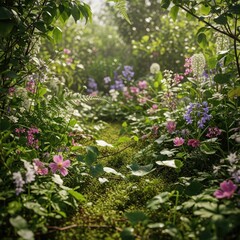 Fototapeta premium Sunlit garden path filled with lush flowers and vibrant greenery in soft afternoon light.