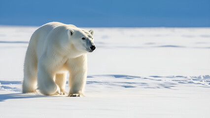 A polar bear walks across a vast snowy landscape, showing strength and calm in the frozen Arctic environment.
