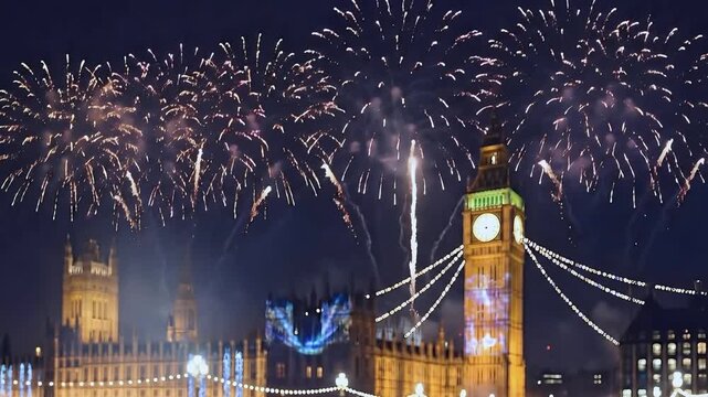 Fireworks burst in the night sky, illuminating the iconic clock tower and surrounding architecture, creating a stunning visual spectacle with vibrant colors and dynamic patterns of light