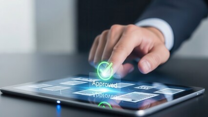 Closeup Businessman Hand touching approved document icon on digital documents for approve business project proposals. Quality assurance and online evaluation of business concept