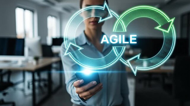 Young businesswoman holding smartphone with glowing Agile methodology symbol in modern office