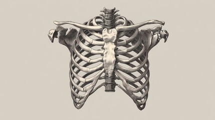 Anatomical illustration of a ribcage, sternum, and spine against a neutral background