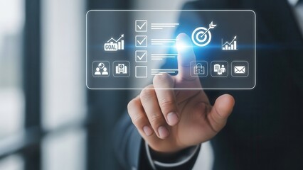Fototapeta premium Closeup Businessman Hand touching digital checklist and target icon on virtual screen, representing goal achievement, strategic planning, task management, and productivity