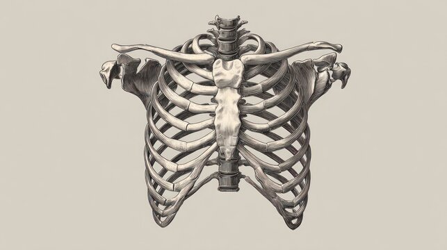 Anatomical illustration of a ribcage, sternum, and spine against a neutral background