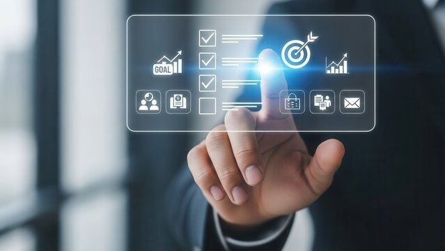 Closeup Businessman Hand touching digital checklist and target icon on virtual screen, representing goal achievement, strategic planning, task management, and productivity
