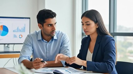 Young diverse business professionals, a man and a woman, analyzing financial data and reports during a meeting in a modern office environment. - Powered by Adobe