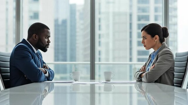 Serious Black businessman and Hispanic businesswoman sitting at a modern conference table with arms crossed, looking away in a tense office meeting