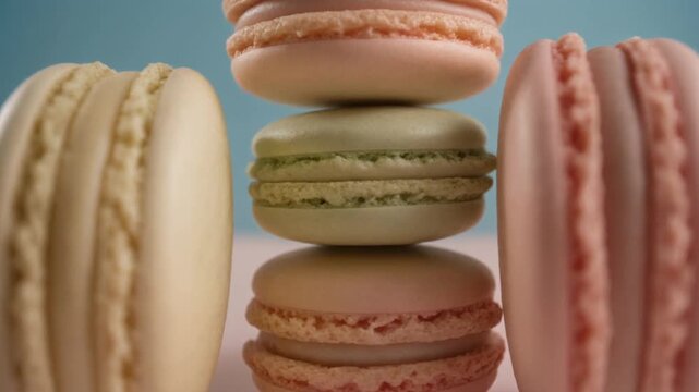 A stack of colorful macarons on a reflective surface against a blue background