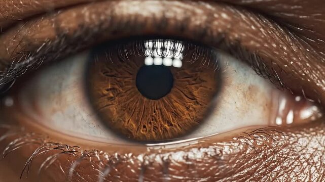 Close-up view of a human eye showcasing the intricate details and textures of the iris and eyelid, capturing the gradual transition of focus and light reflections across the frames