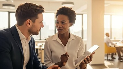 Smiling diverse business professionals collaborating and discussing work on a digital tablet in a bright modern office environment