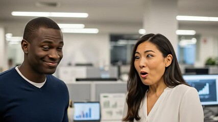 Diverse adult colleagues, a Black man and an Asian woman, sharing a confidential secret while whispering closely in a modern office environment.