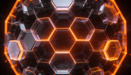 a glowing orange and translucent hexagonal sphere with intricate geometric patterns and a futuristic aesthetic is prominently displayed high quality professional