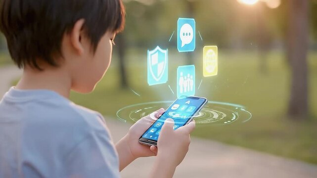 Child engaging with smartphone as animated digital icons appear, showcasing interactive features and options, demonstrating technology use in a natural outdoor setting with vibrant lighting