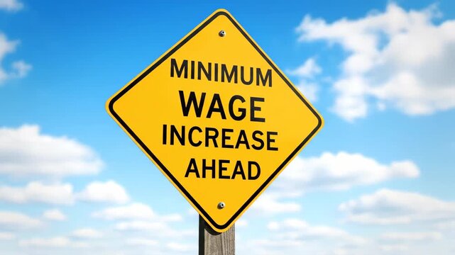 Yellow minimum wage increase ahead sign against a blue sky with clouds, representing economic policy and financial regulation.