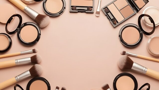 Flat lay of makeup brushes and compacts arranged in a circle on a soft pink background &mdash; elegant, artistic setup for beauty routines and cosmetic tutorials

